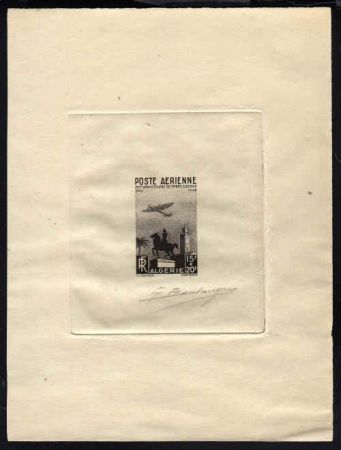 Algeria CB3 Artist Die Proof, Airplane, Clock Tower, in Black, Signed