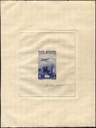 Algeria CB3 Artist Die Proof, Airplane, Clock Tower, Blue, Signed