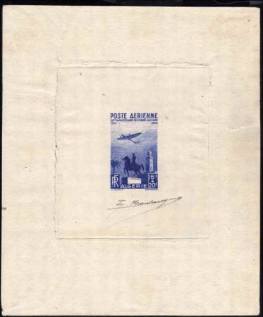 Algeria CB3 Artist Die Proof, Airplane, Clock Tower, Blue, Signed