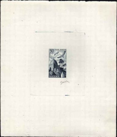 Algeria C8 1949 Artist Die Proof, Birds, Dark Blue, Signed