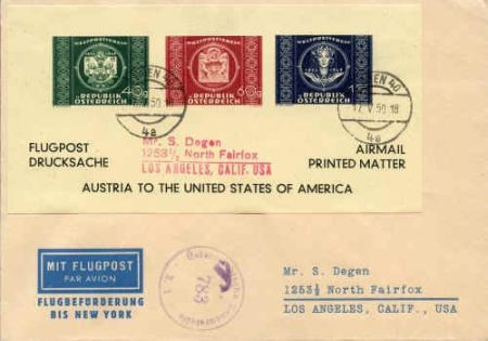 Austria 1950 Flight cover to US with UPU set