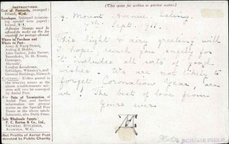 Great Britain 1911 First Aerial PC to London