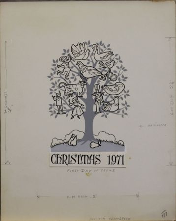 US Artmaster Scott 1445 1971 Christmas, Partridge in a Pear Tree - Artwork