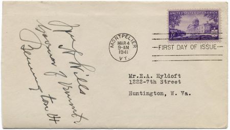 US 903 Autographed Cover, Gov. W. Wills of VT