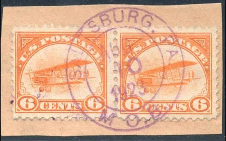 US C1 Airmail Fine Used Horizontal Pair Tied to Piece by clear Saltsburg, PA cds