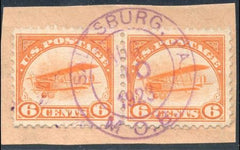 US C1 Airmail Fine Used Horizontal Pair Tied to Piece by clear Saltsburg, PA cds