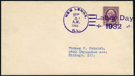 US Illinois, New Lenox 720 Fancy Cancel Cover, "Labor Day"