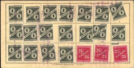 US PS8 (3) + PS10 (18) Savings Stamp on single 1 part card correctly franked