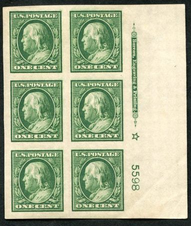 US 383 Washington / Franklin VF + LH Right Plate Block of 6