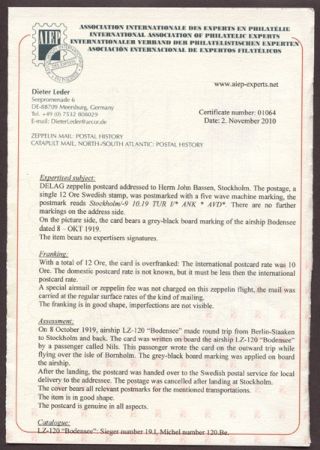 Sweden 1919 "Bodensee" Card on board, with Certificate