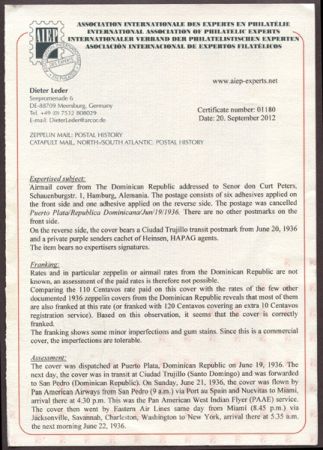 Dominican Republic 1936 Hindenburg 3rd NA Flight w/ Cert