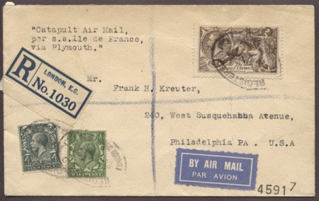 Great Britain 1928 "Ile De France" Catapult w/ 2/6 Seahorse, Rare!