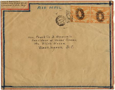 US 1935 C19 block of 4 on Airmail Cover to F. D. Roosevelt