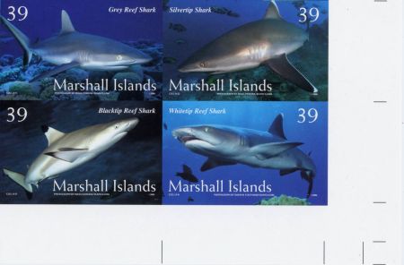 Marshall Is. 883 Imperf Block of 4, Reef Sharks, Fish