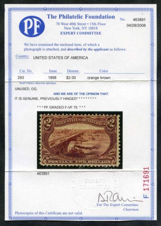 US 293 Early Commemoratives F - VF LH VF for issue 2x PFC Certs