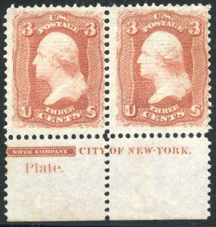 US 94 Early Classics F - VF No Gum Pair with Bottom Margin and inscription - Fresh color