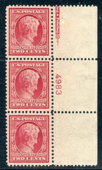 US 367 var Early Commemoratives VF - XF LH Part imprint + plate number 4983 strip of 3