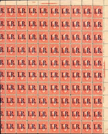 US R155c Revenue 1898 2c 1R ovpt Inverted on Type III Carmine full sheet