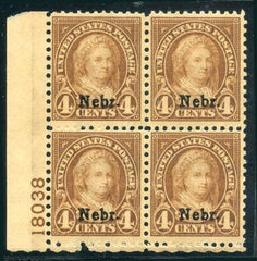 US 673 F - VF + NH Nebraska Overprint Plate Block 18038 LL cv $425