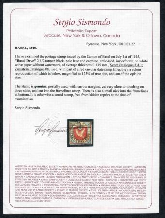 Switzerland 3L1 F - VF "Basel Dove" Used sound, Sismondo cert