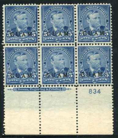 US Possessions - Guam 5 VF NH Plate Block of 6 - Exceptional Quality + Fresh! cv $1555