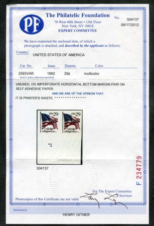 US 2593 Variety Error Printed on self adhesive paper - Imperf horizontal pair