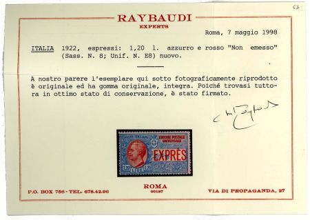 Italy Express Sassone 8 F-VF NH, Cert., Never Issued!