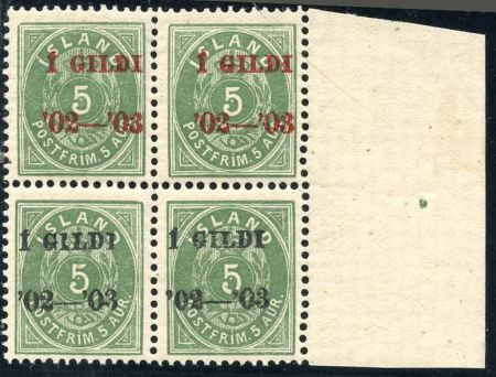 Iceland 52 Variety F - VF NH Block of 4 with 2 certs - mixed overprints black and red