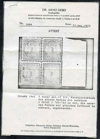 Iceland 52 Variety F - VF NH Block of 4 with 2 certs - mixed overprints black and red