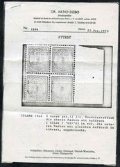 Iceland 52 Variety F - VF NH Block of 4 with 2 certs - mixed overprints black and red