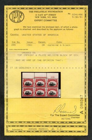US 295 Early Commemoratives VF NH Fresh PL block of 6 - PFC Scarce and so nice! cv 475.00