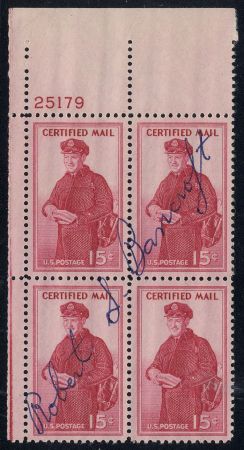 US FA1 Autographed Plate Block, R. Bancroft, employee pictured