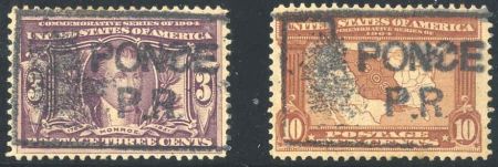 US 325, 327 Early Commemoratives Used VF S - O - N Boxed "PONCE P.R." Puerto Rico Cancel