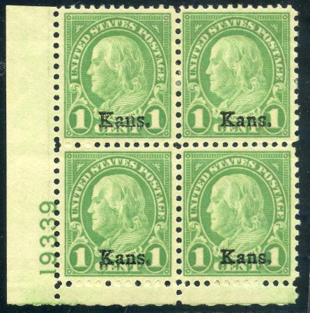 US 658 VF LH Mint Kansas Overprint Plate Block 19339 LL cv $60