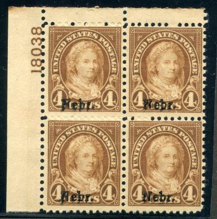 US 673 Mint F - VF LH Nebraska Overprint Plate Block 18038 UL cv $275