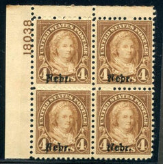 US 673 Mint F - VF LH Nebraska Overprint Plate Block 18038 UL cv $275