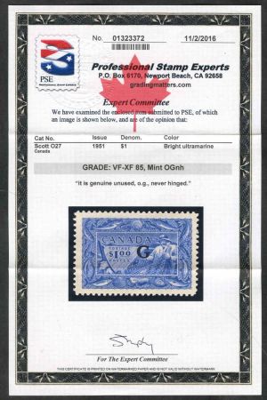 Canada O27 VF - XF NH Mint PSE Cert cv $100++