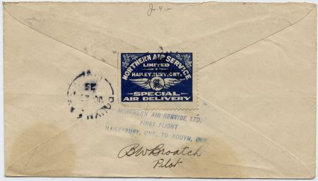 Canada 1925 First Flight with CL 5 Haileybury - Rouyn, Signed Pilot Broatch