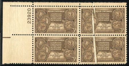 US 972 VF - XF Plate Block 3 cent Indian Centennial Plate Block with pre printing paper fold