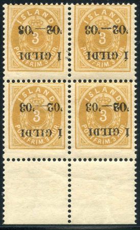 Iceland 49b Faat 49v Ave - F NH Block with inverted ovpt on all four stamps