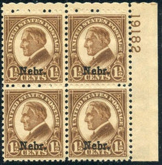 US 670 F - VF NH Nebraska Overprint Plate Block UL 19182 cv $95