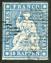 Switzerland 32A F + Used 3 1/2 frame lines, 2 large margins swiss cert cv 1000.00