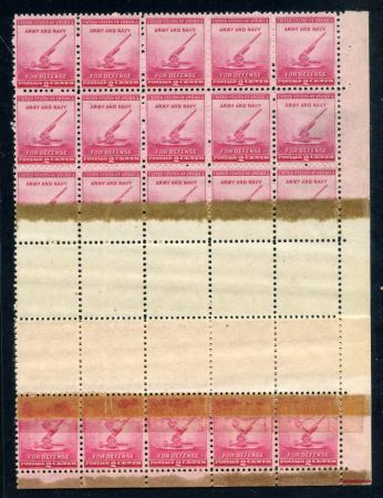 US 900 var 1/4 sheet (25) with spectacular double paper slice over 3 1/2 rows