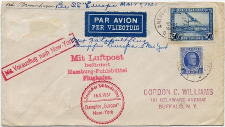 Belgium 1931 (May) Europa Catapult Cover to NY