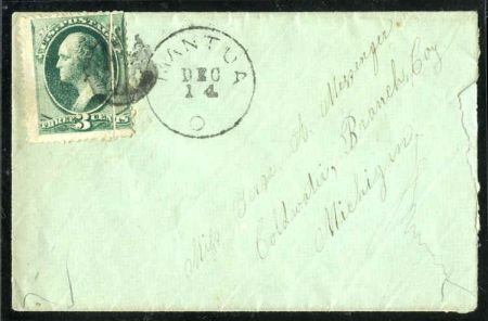 US 184 Bank Notes Used on Cover F - VF Pre-Printing Paper Fold on Green Small Cover Mantua, OH to Michigan - Pretty!
