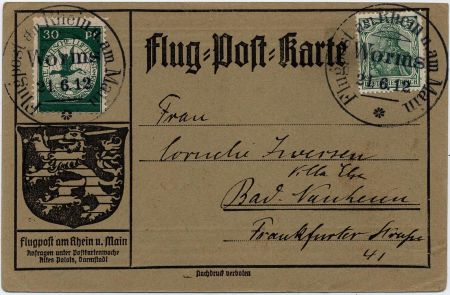 Germany 1912 Airmail Postal Card with Single Franking from Worms