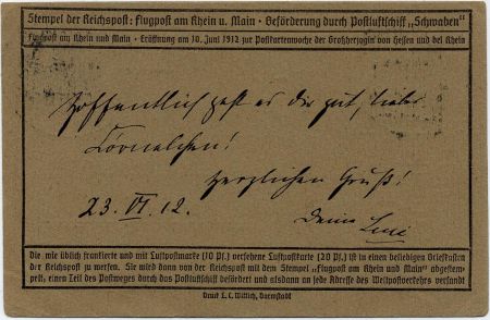 Germany 1912 Airmail Postal Card with Single Franking from Worms