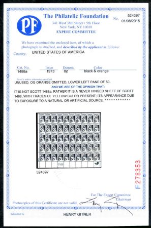 US 1488a Mint Sheet of 50 orange apparently omitted but not genuine