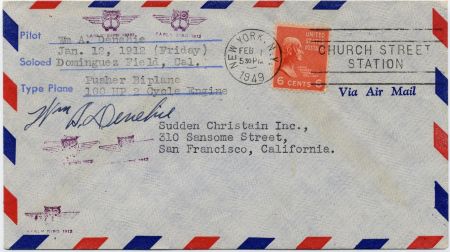 US 1949 811 NY Airmail Cover Signed by Pilot William A. Denehie