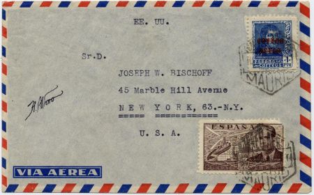Spain 1939 C99 on Airmail Cover Signed by Avator C49 on airmail cover to New York signed by Heraclio Alfaro Fournier, Aviator